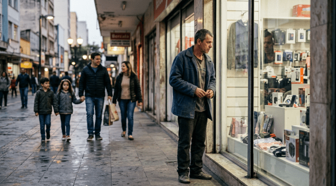 Man looking into a store window on a city sidewalk with a family walking past him