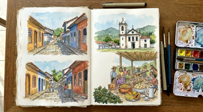 Watercolor sketches of colorful stone streets, church, and waterfront with palm trees in Paraty, Brazil.