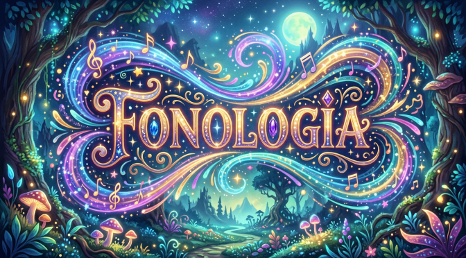 Fantasy forest at night with glowing plants, musical notes, and 'FONOLOGIA' word art