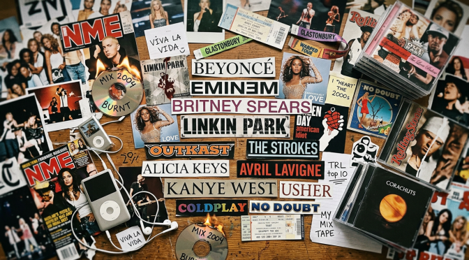 2000s collage with listed artists and music elements