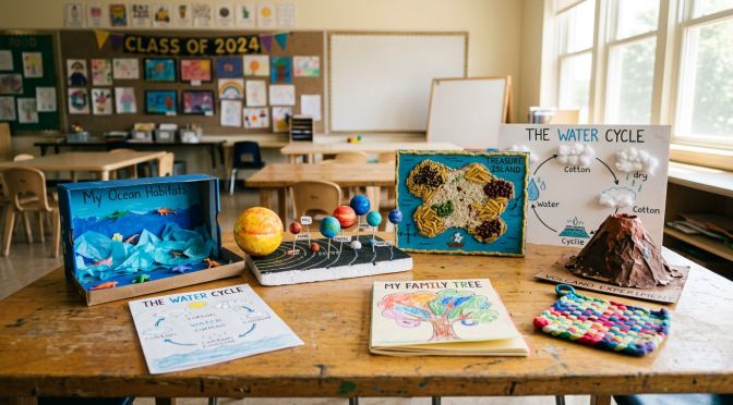 Student science and art projects including ocean habitats, solar system model, water cycle poster, volcano experiment, and family tree on classroom table