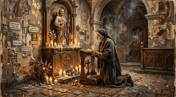 Woman kneeling before saint statue; signs read “Obrigado por um milagre,” “Causas impossíveis,” and “Gratidão.”
