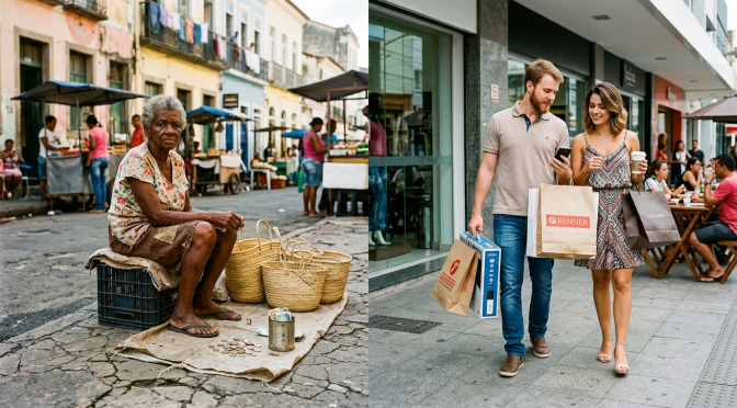 Split scene of a street vendor and shoppers carrying bags